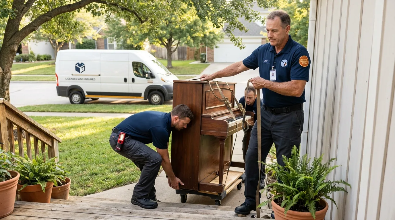 Licensed piano movers securing grand piano in Trexlertown, PA