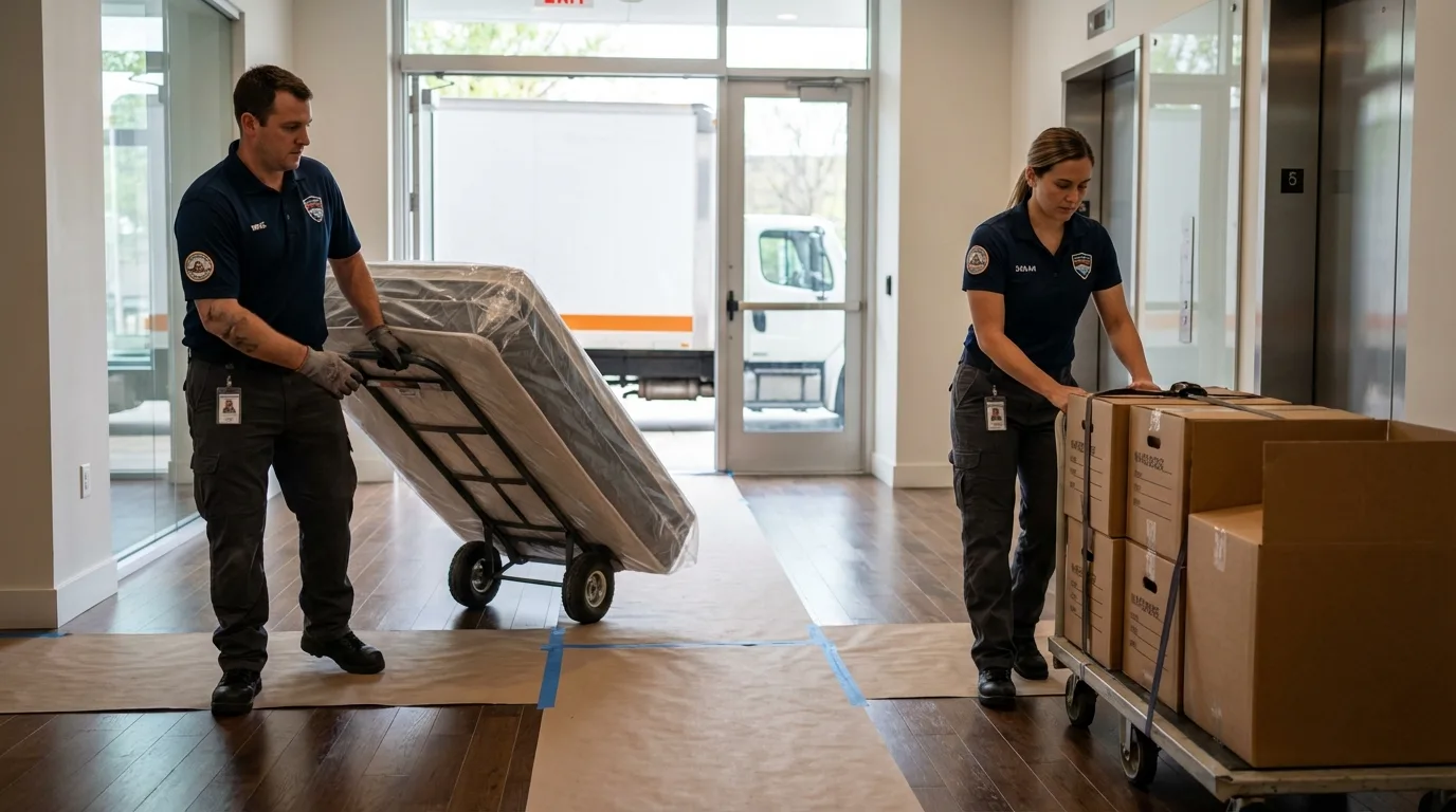 Professional apartment movers loading elevator in Trexlertown, PA