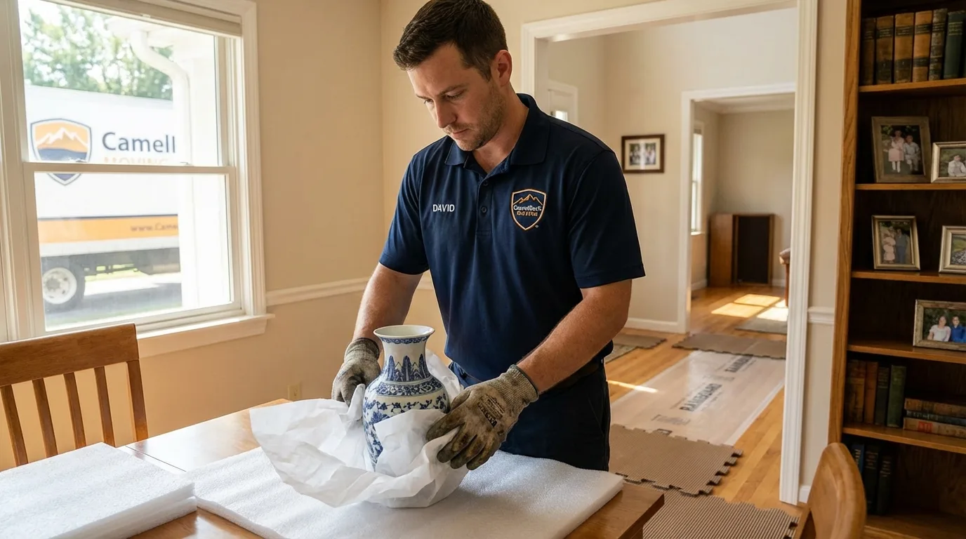 Professional crew carefully wrapping antique vase for senior downsizing move in Trexlertown, PA